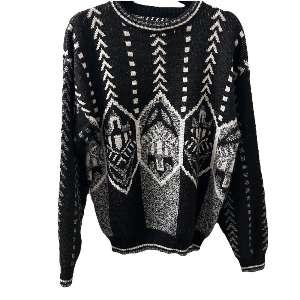 VINTAGE 90s Grandpa Sweater Mens L  Black Crewneck Retro Crazy Nuovo New Forces
